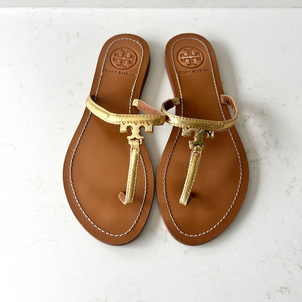 Tory Burch T Logo Flat Leather Thong Sandal - Gold Straps - Size 6
